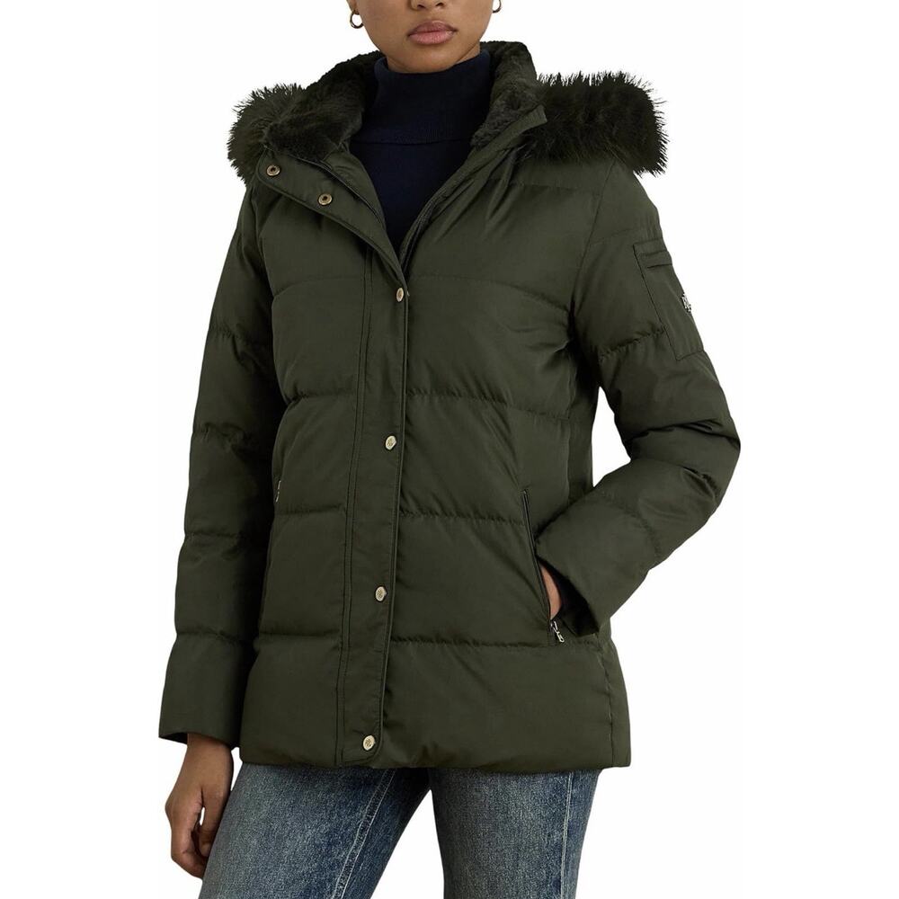 Lauren Ralph Icon Women’s XXS Short Puffer Jacket Faux Fur Lined Hood Green $315 - Picture 4 of 7